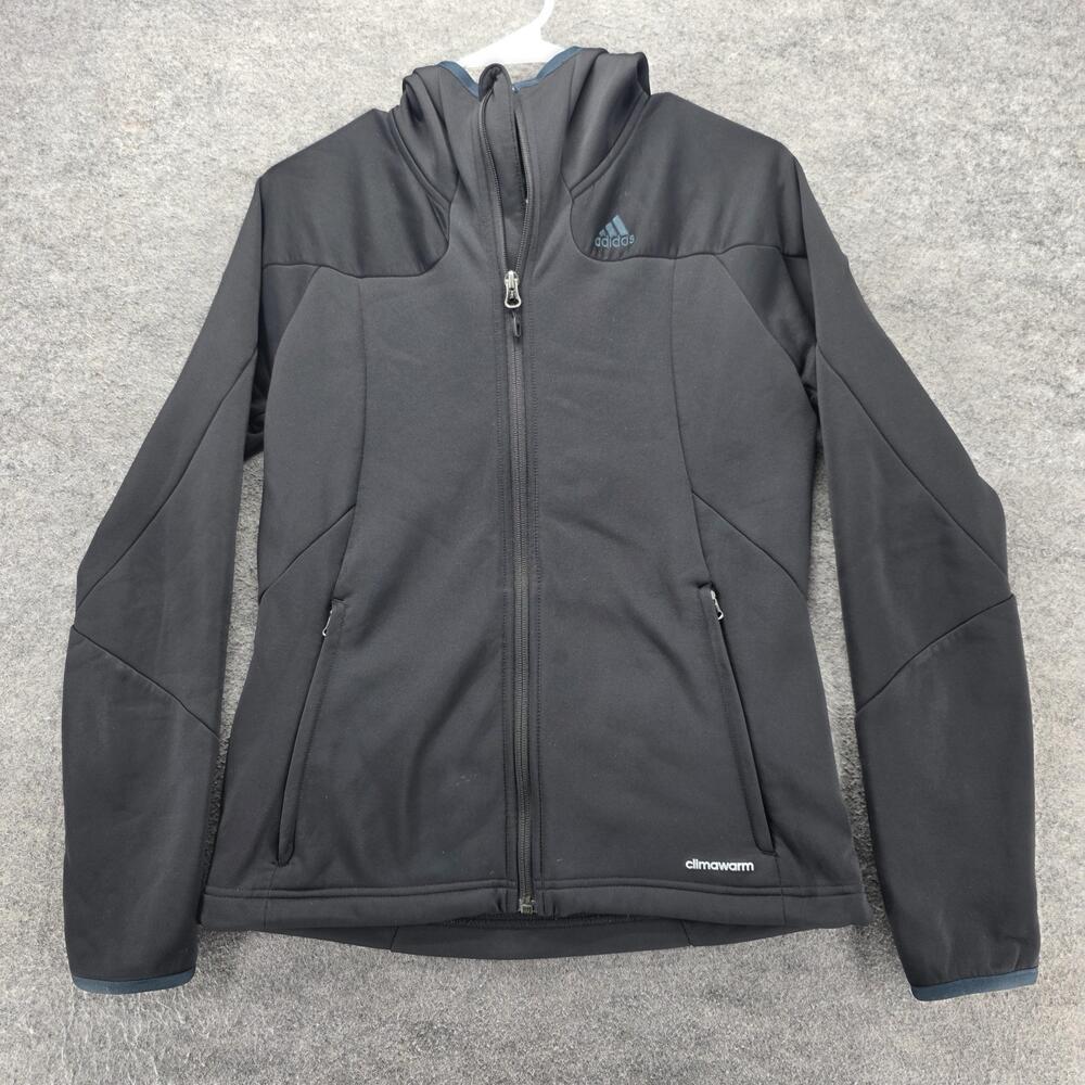 Adidas Hoodie Womens 10 Black Full Zip Hooded Pockets Lined Fleece Climawarm